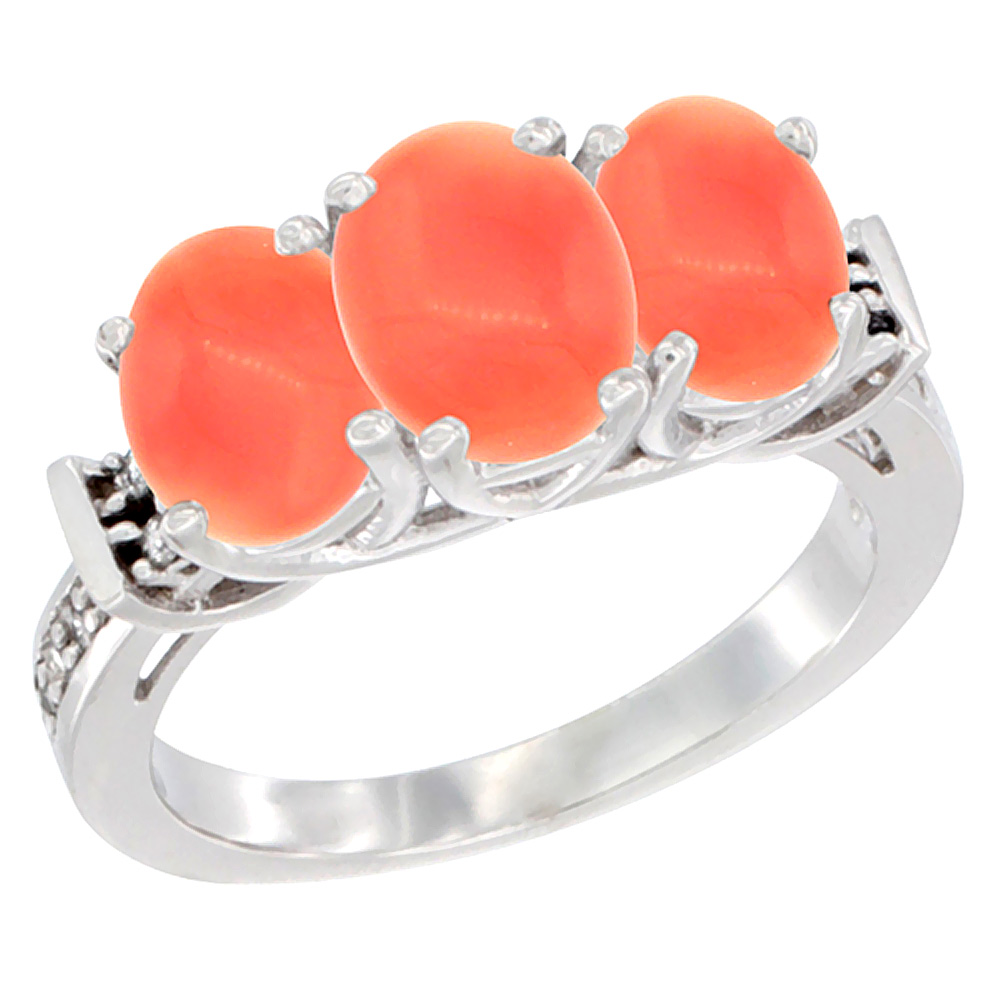 10K White Gold Natural Coral Ring 3-Stone Oval Diamond Accent, sizes 5 - 10