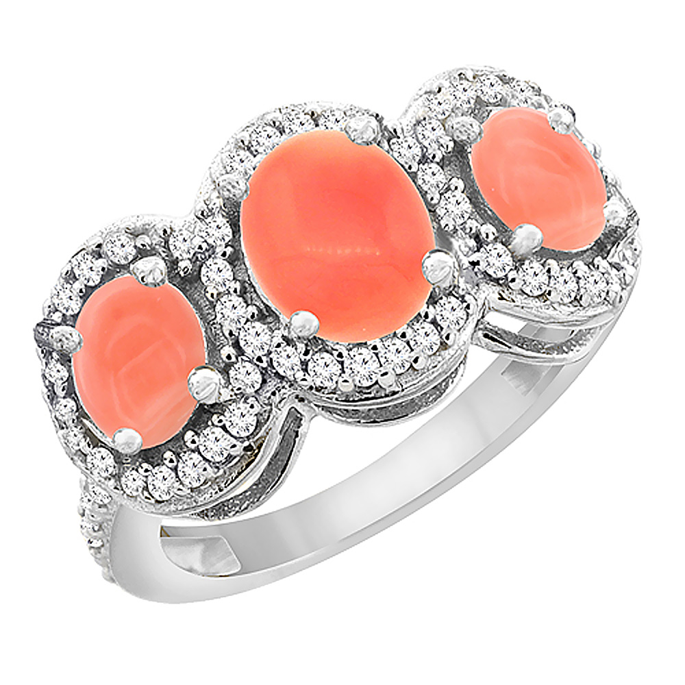 10K White Gold Natural Coral 3-Stone Ring Oval Diamond Accent, sizes 5 - 10