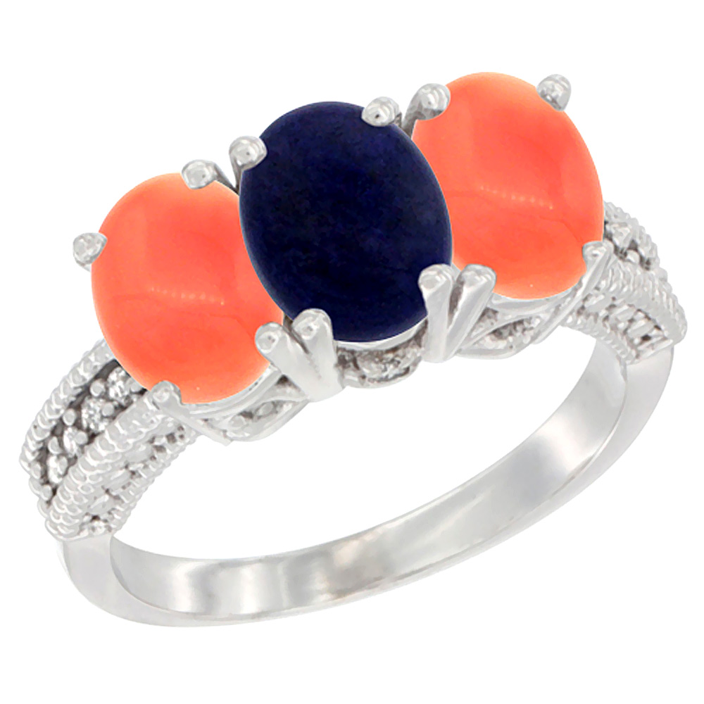 14K White Gold Natural Lapis Ring with Coral 3-Stone 7x5 mm Oval Diamond Accent, sizes 5 - 10
