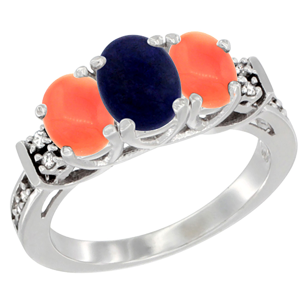 14K White Gold Natural Lapis &amp; Coral Ring 3-Stone Oval Diamond Accent, sizes 5-10