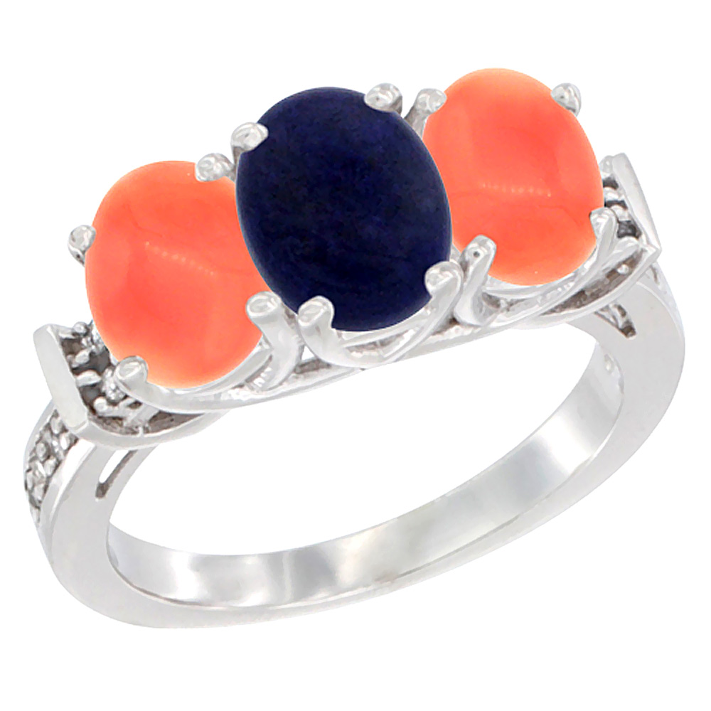 14K White Gold Natural Lapis & Coral Sides Ring 3-Stone Oval Diamond Accent, sizes 5 - 10