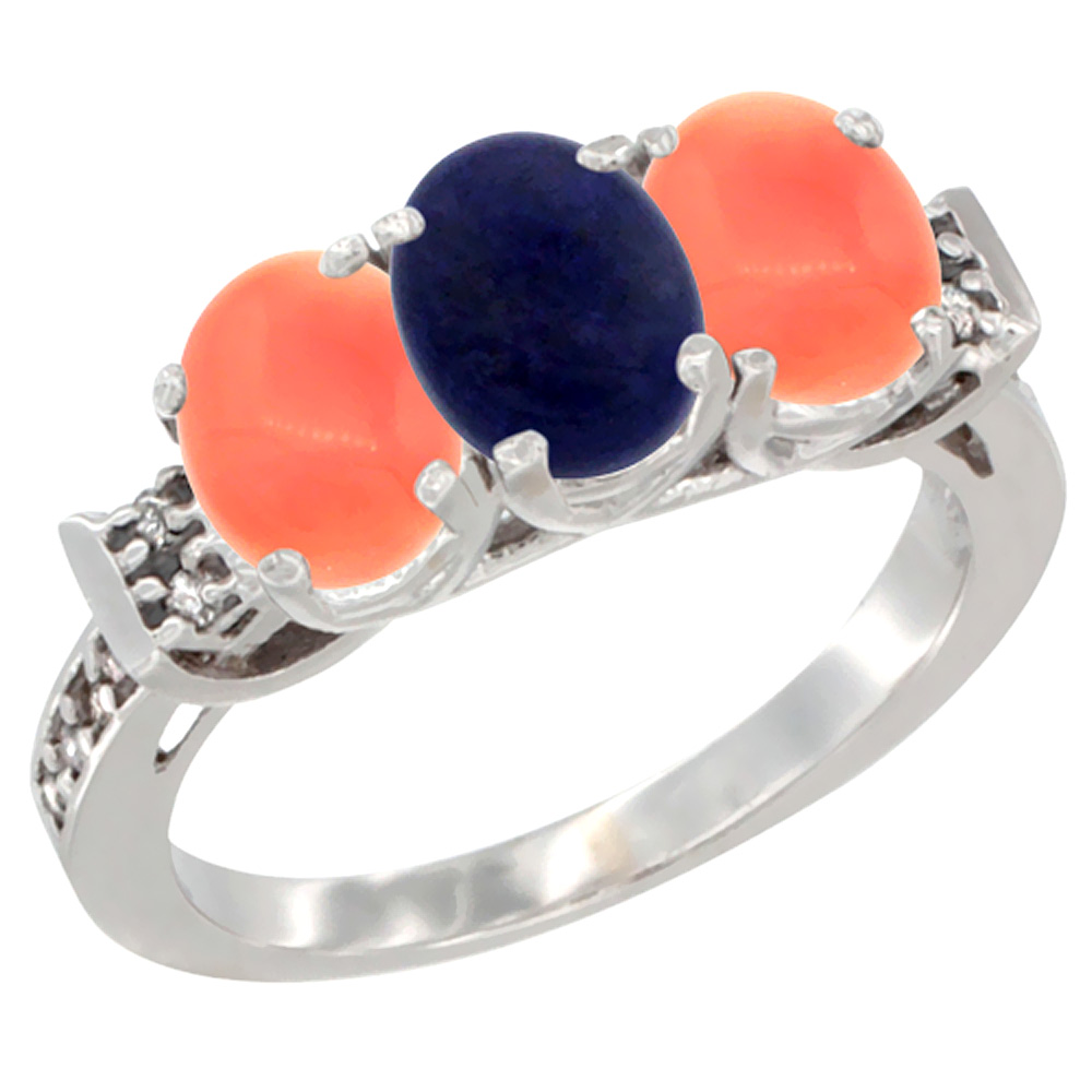 14K White Gold Natural Lapis &amp; Coral Ring 3-Stone 7x5 mm Oval Diamond Accent, sizes 5 - 10