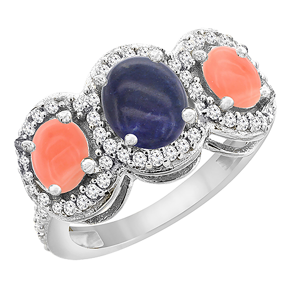 14K White Gold Natural Lapis &amp; Coral 3-Stone Ring Oval Diamond Accent, sizes 5 - 10