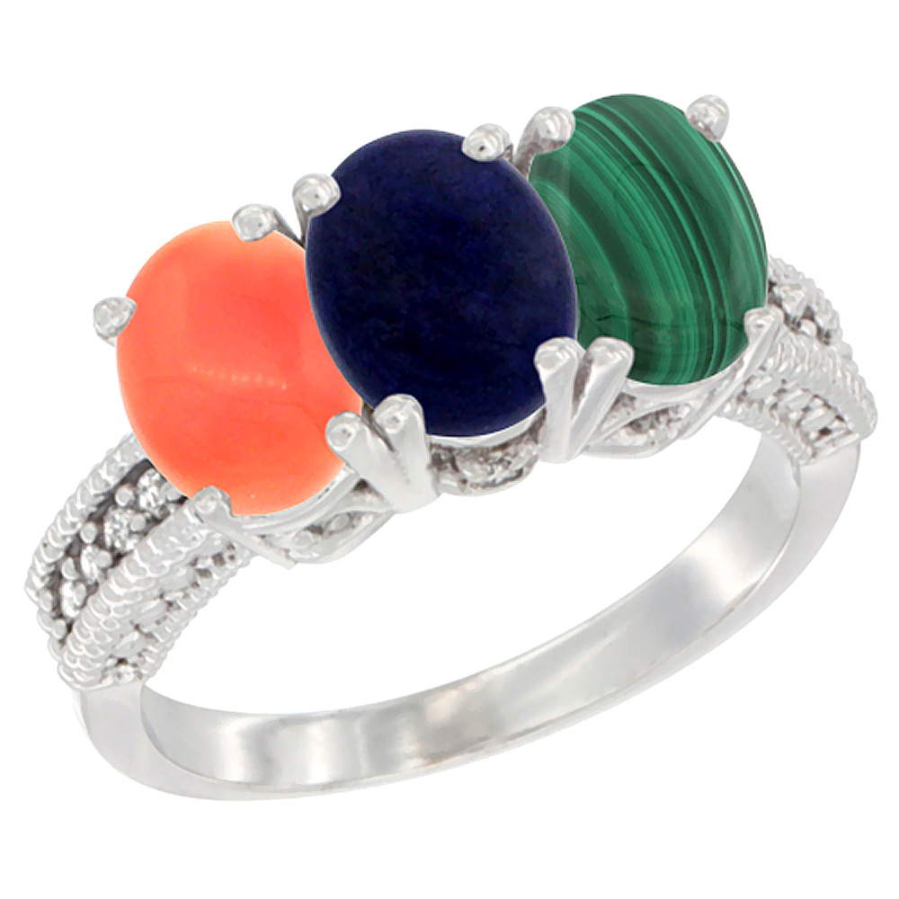 14K White Gold Natural Coral, Lapis Ring with Malachite Ring 3-Stone 7x5 mm Oval Diamond Accent, sizes 5 - 10