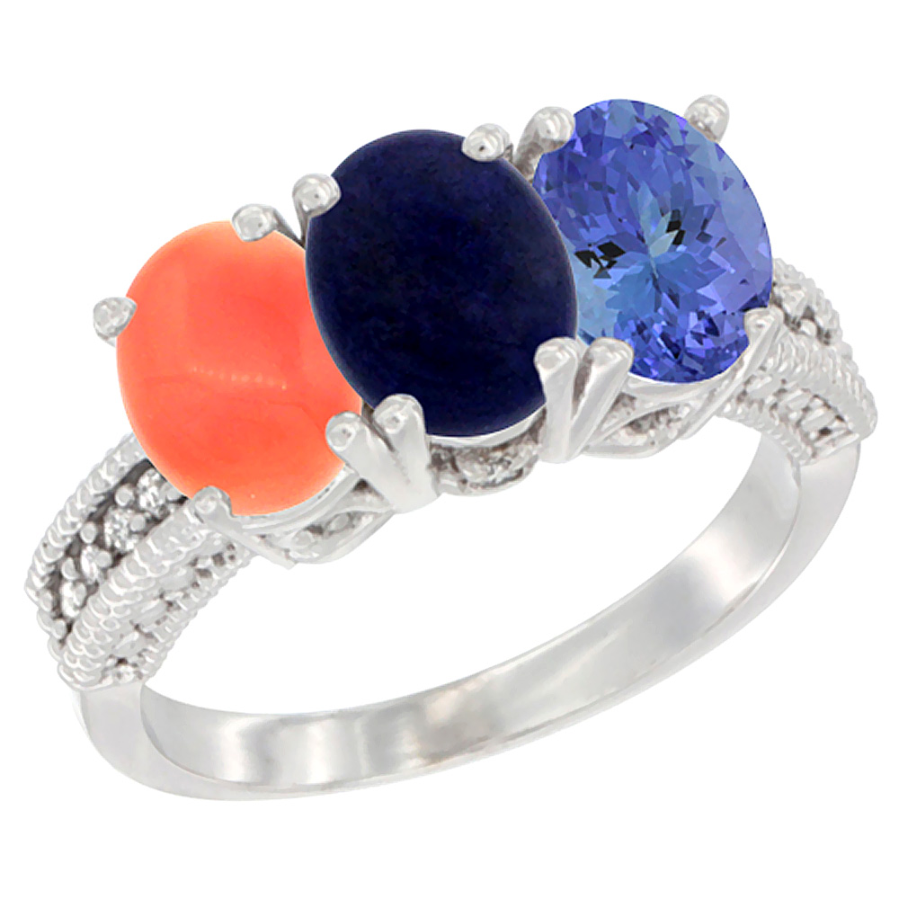 14K White Gold Natural Coral, Lapis Ring with Tanzanite Ring 3-Stone 7x5 mm Oval Diamond Accent, sizes 5 - 10