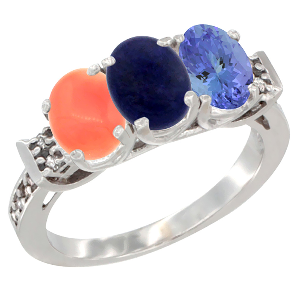14K White Gold Natural Coral, Lapis &amp; Tanzanite Ring 3-Stone 7x5 mm Oval Diamond Accent, sizes 5 - 10