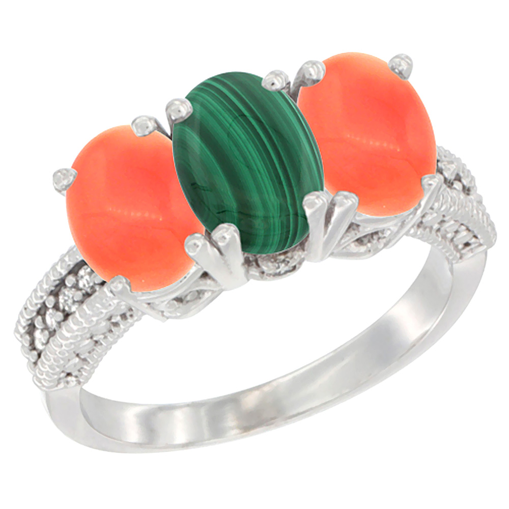 14K White Gold Natural Malachite Ring with Coral 3-Stone 7x5 mm Oval Diamond Accent, sizes 5 - 10