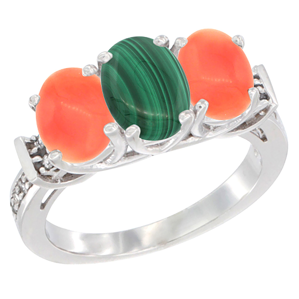 14K White Gold Natural Malachite & Coral Sides Ring 3-Stone Oval Diamond Accent, sizes 5 - 10