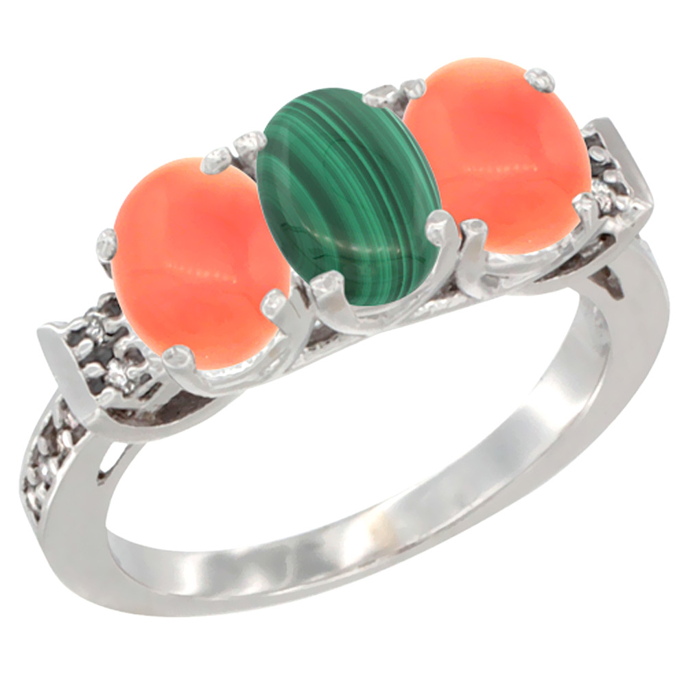 10K White Gold Natural Malachite & Coral Sides Ring 3-Stone Oval 7x5 mm Diamond Accent, sizes 5 - 10
