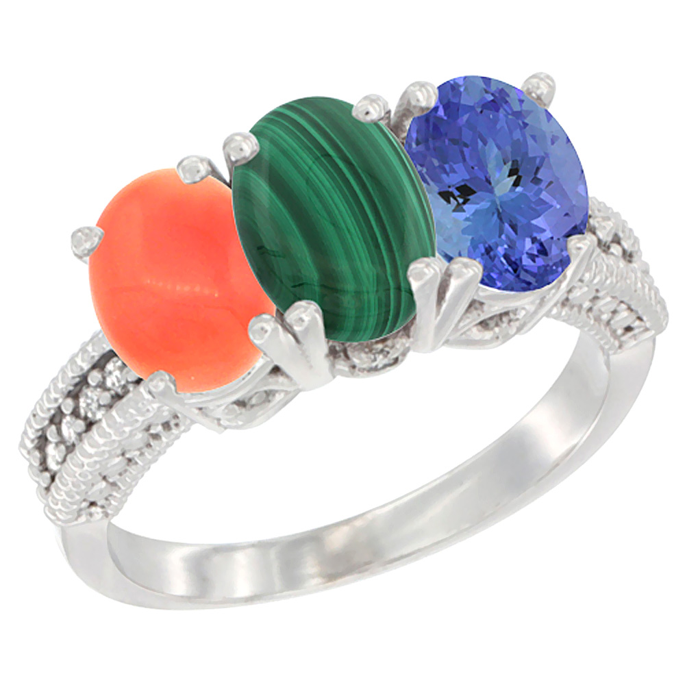 14K White Gold Natural Coral, Malachite Ring with Tanzanite Ring 3-Stone 7x5 mm Oval Diamond Accent, sizes 5 - 10