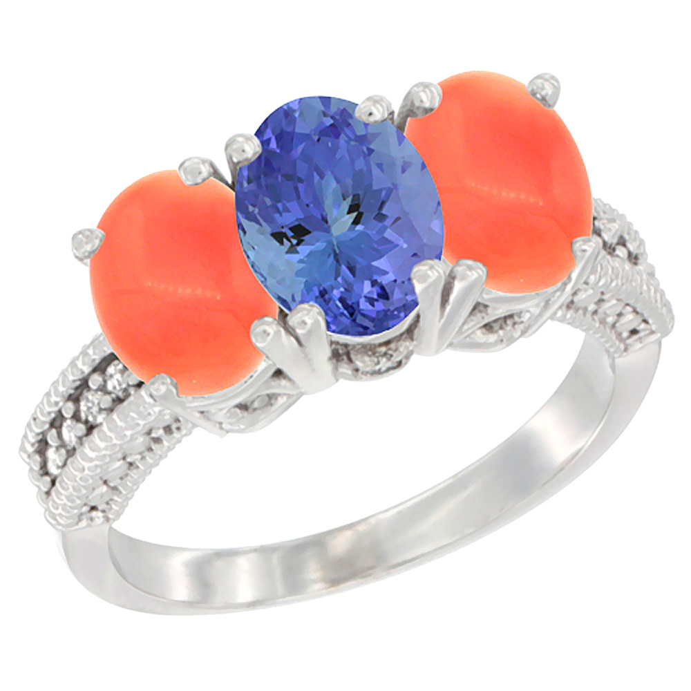 14K White Gold Natural Tanzanite Ring with Coral 3-Stone 7x5 mm Oval Diamond Accent, sizes 5 - 10