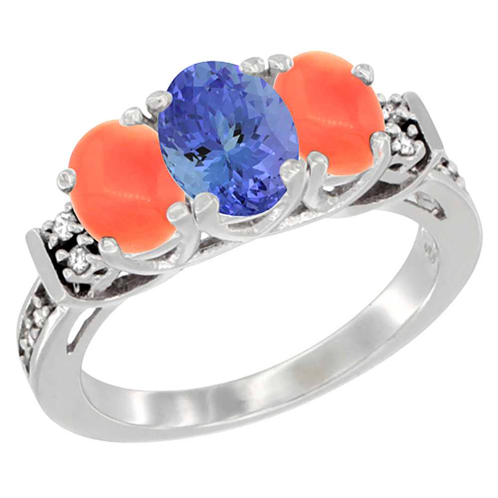 10K White Gold Natural Tanzanite &amp; Coral Ring 3-Stone Oval Diamond Accent, sizes 5-10