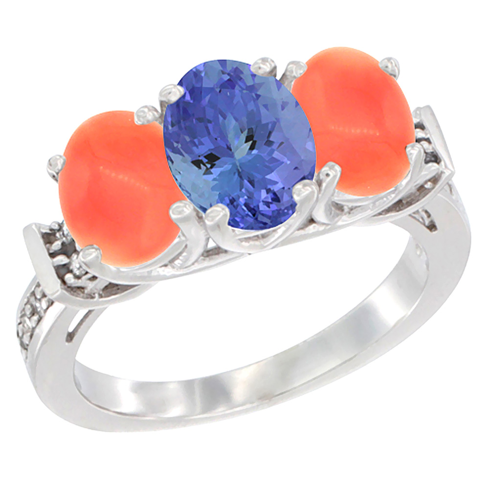 14K White Gold Natural Tanzanite & Coral Sides Ring 3-Stone Oval Diamond Accent, sizes 5 - 10
