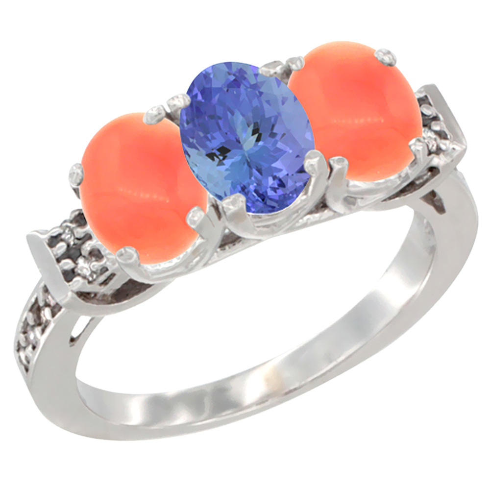 10K White Gold Natural Tanzanite & Coral Sides Ring 3-Stone Oval 7x5 mm Diamond Accent, sizes 5 - 10