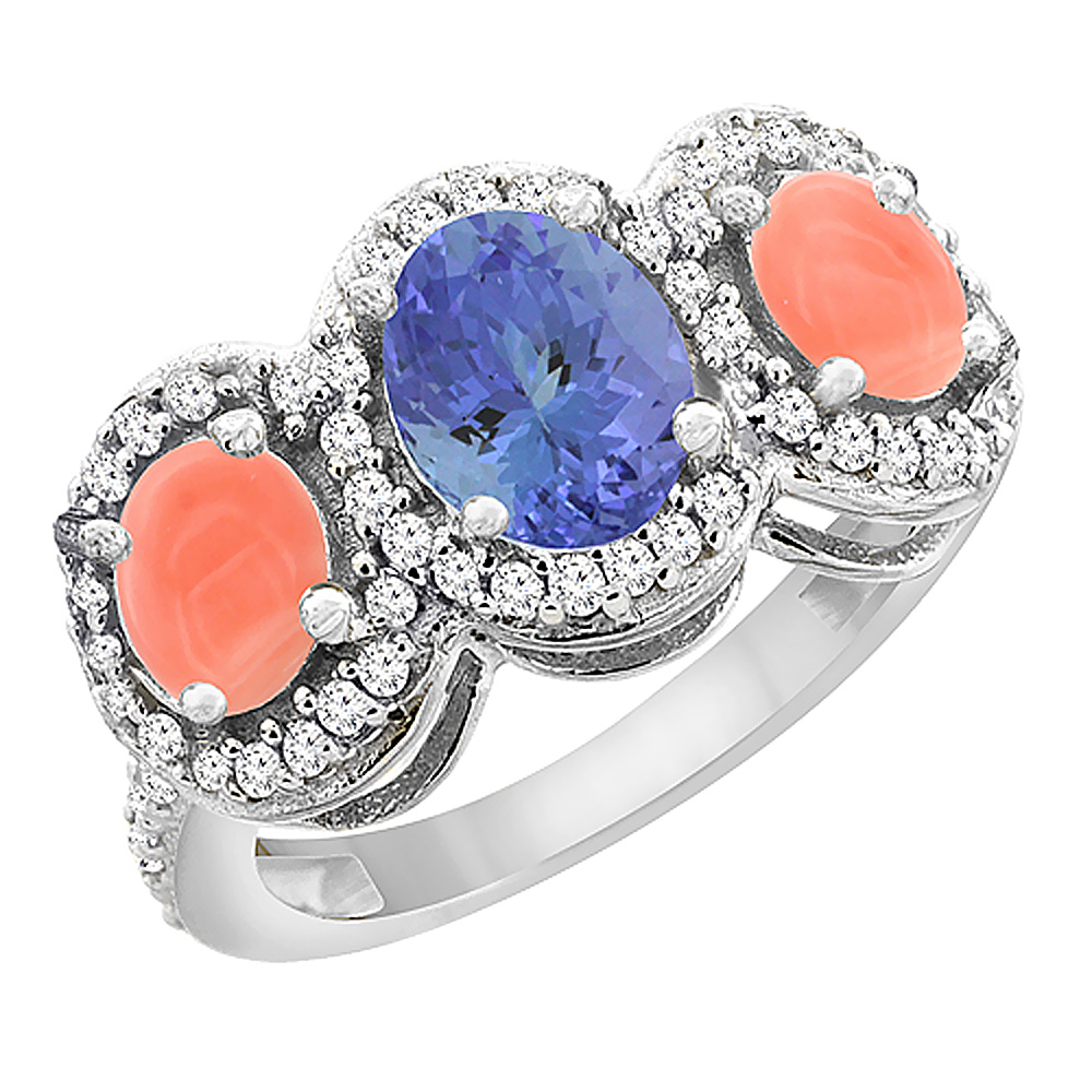 10K White Gold Natural Tanzanite &amp; Coral 3-Stone Ring Oval Diamond Accent, sizes 5 - 10