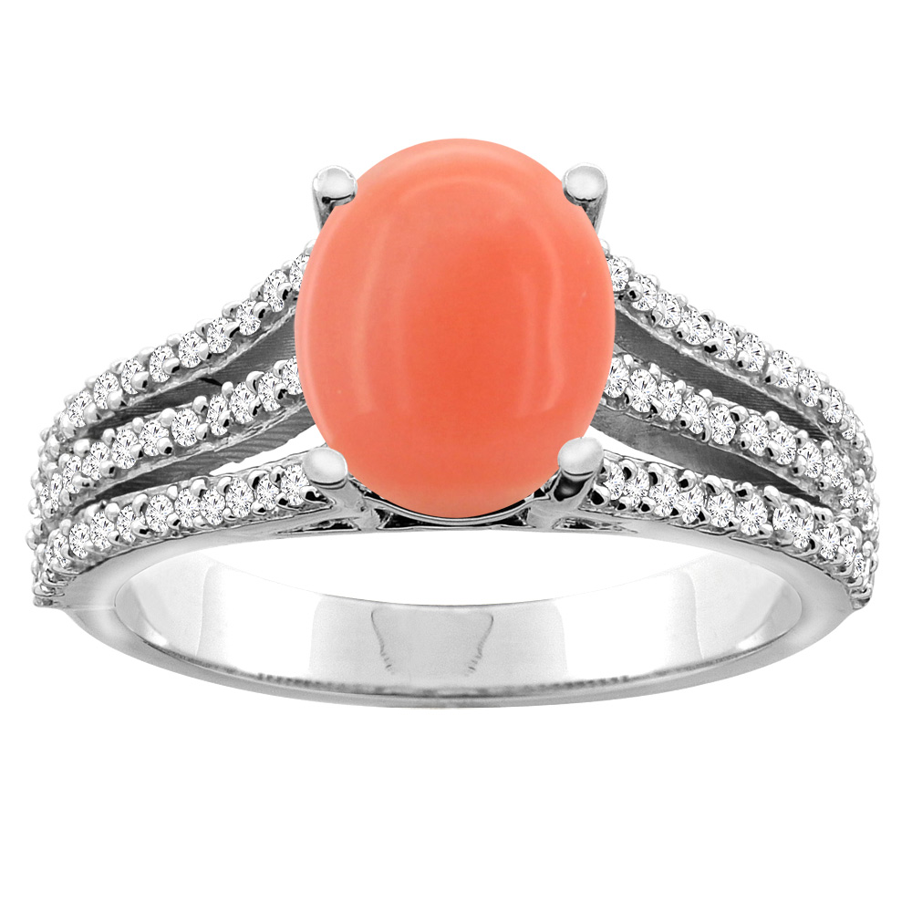 14K White/Yellow Gold Natural Coral Tri-split Ring Oval 9x7mm Diamond Accents, sizes 5 - 10