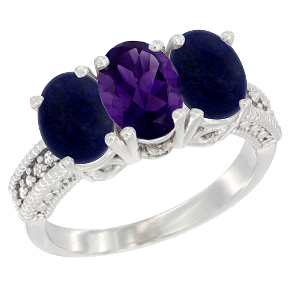 14K White Gold Natural Amethyst Ring with Lapis 3-Stone 7x5 mm Oval Diamond Accent, sizes 5 - 10