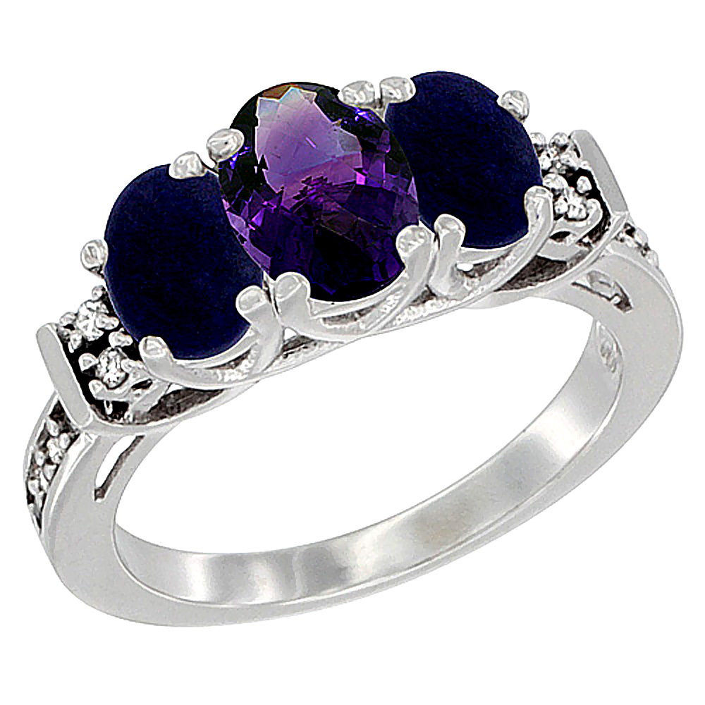 14K White Gold Natural Amethyst wtih Lapis Ring 3-Stone Oval Diamond Accent, sizes 5-10