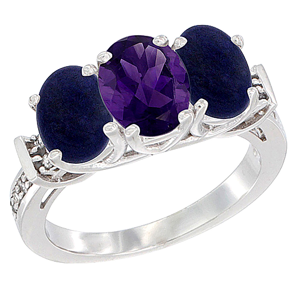 14K White Gold Natural Amethyst & Lapis Sides Ring 3-Stone Oval Diamond Accent, sizes 5 - 10