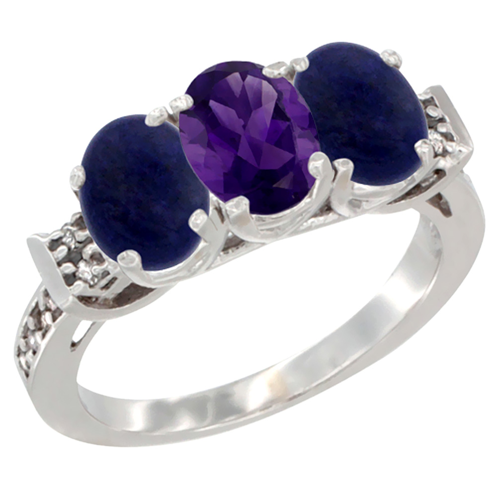 10K White Gold Natural Amethyst & Lapis Sides Ring 3-Stone Oval 7x5 mm Diamond Accent, sizes 5 - 10