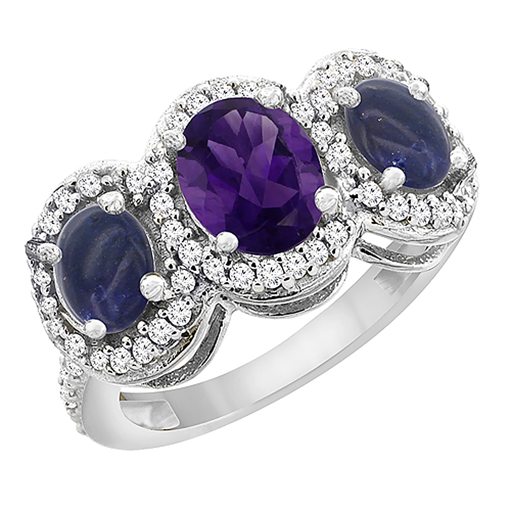 14K White Gold Natural Amethyst & Lapis 3-Stone Ring Oval Diamond Accent, sizes 5 - 10