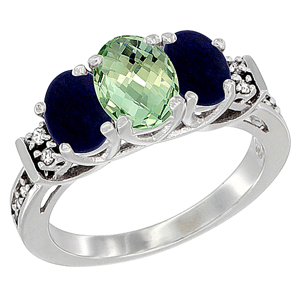 14K White Gold Natural Green Amethyst & Lapis Ring 3-Stone Oval Diamond Accent, sizes 5-10