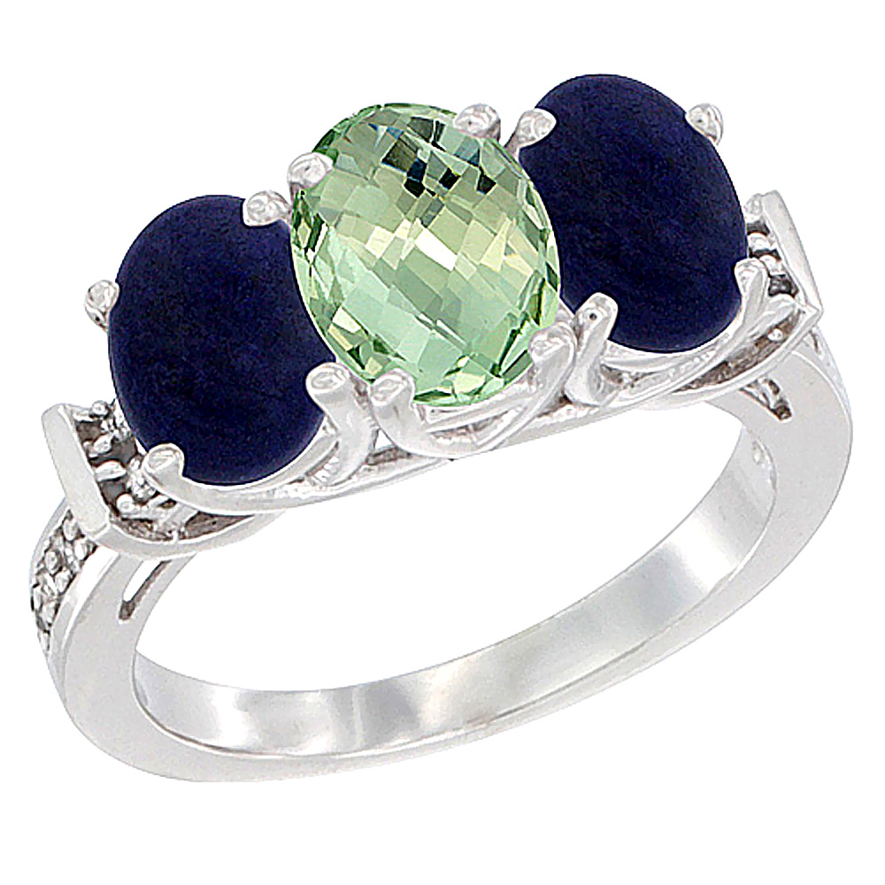 14K White Gold Natural Green Amethyst &amp; Lapis Sides Ring 3-Stone Oval Diamond Accent, sizes 5 - 10
