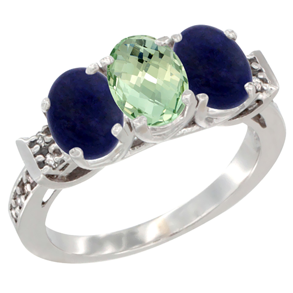 10K White Gold Natural Green Amethyst & Lapis Sides Ring 3-Stone Oval 7x5 mm Diamond Accent, sizes 5 - 10
