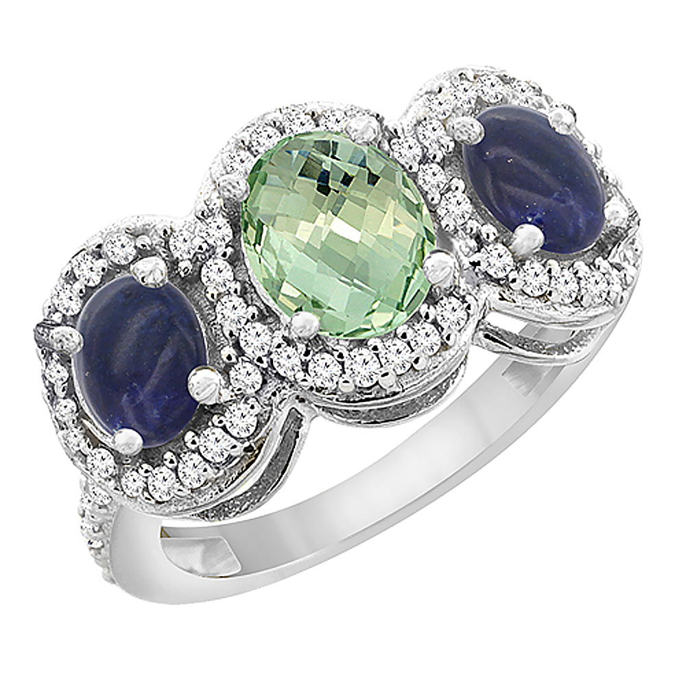 14K White Gold Natural Green Amethyst &amp; Lapis 3-Stone Ring Oval Diamond Accent, sizes 5 - 10