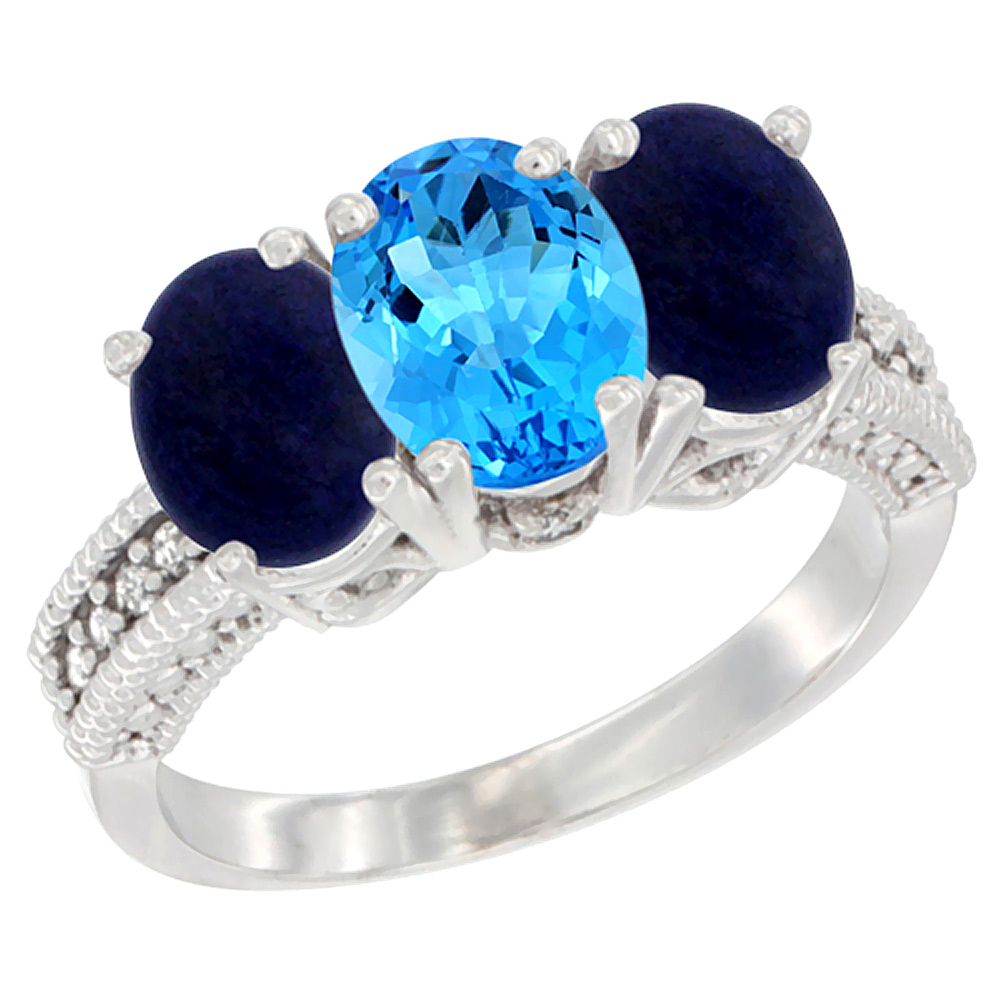 14K White Gold Natural Swiss Blue Topaz Ring with Lapis 3-Stone 7x5 mm Oval Diamond Accent, sizes 5 - 10