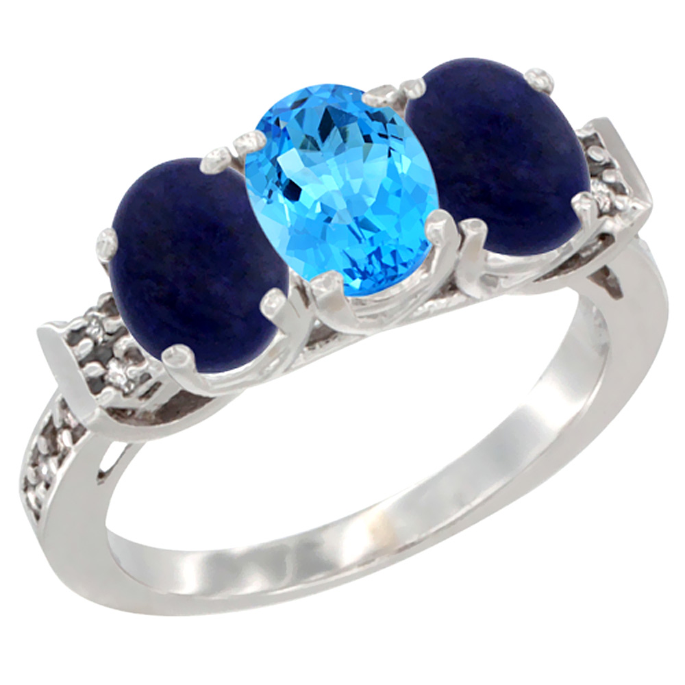 10K White Gold Natural Swiss Blue Topaz & Lapis Sides Ring 3-Stone Oval 7x5 mm Diamond Accent, sizes 5 - 10