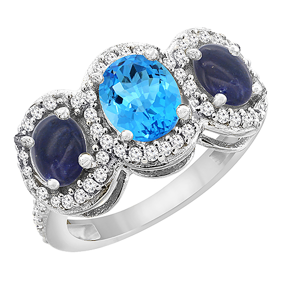 14K White Gold Natural Swiss Blue Topaz & Lapis 3-Stone Ring Oval Diamond Accent, sizes 5 - 10