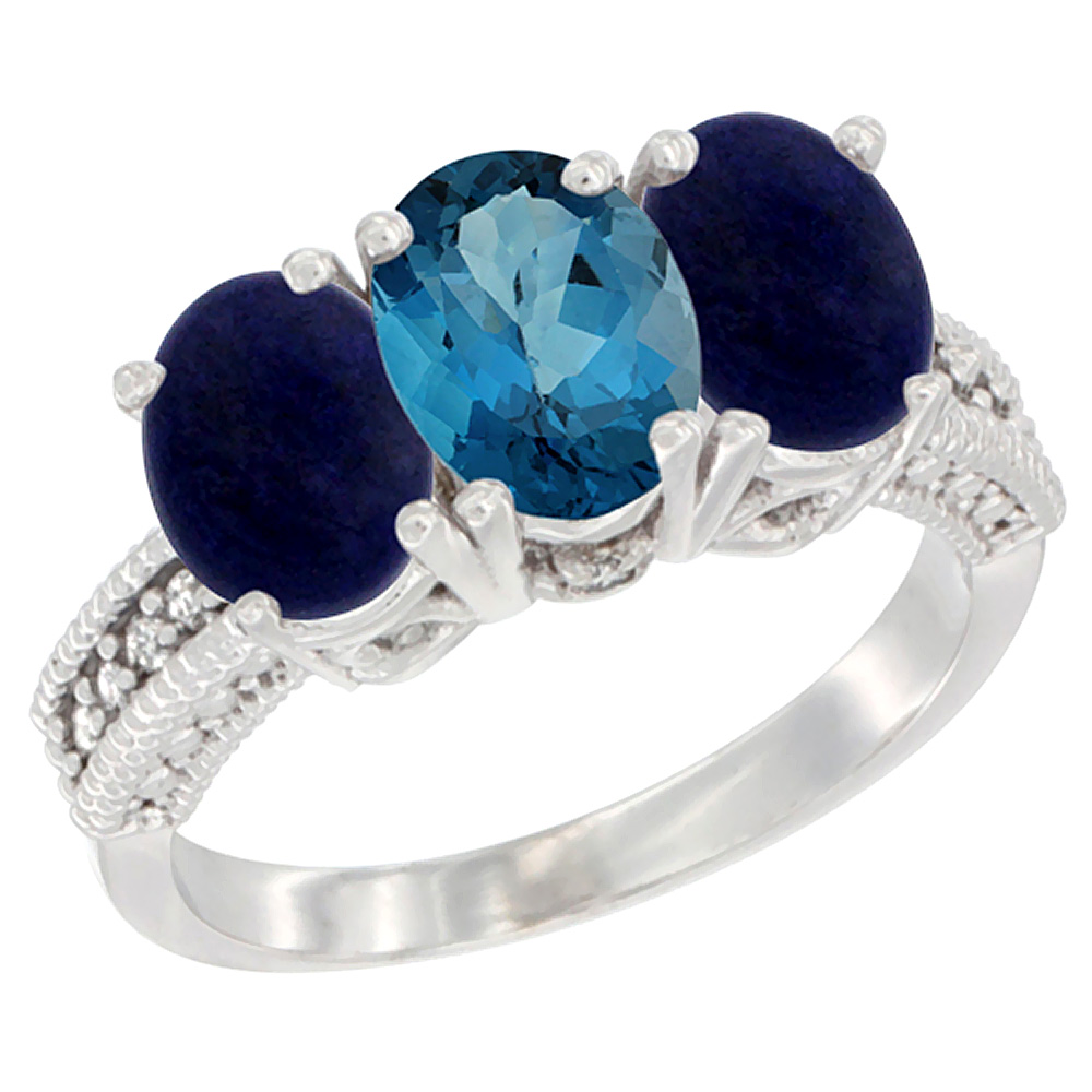 14K White Gold Natural London Blue Topaz Ring with Lapis 3-Stone 7x5 mm Oval Diamond Accent, sizes 5 - 10