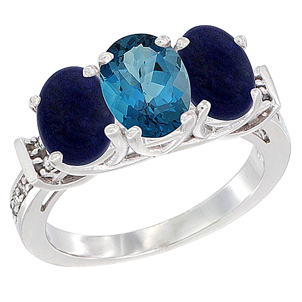 14K White Gold Natural London Blue Topaz & Lapis Sides Ring 3-Stone Oval Diamond Accent, sizes 5 - 10
