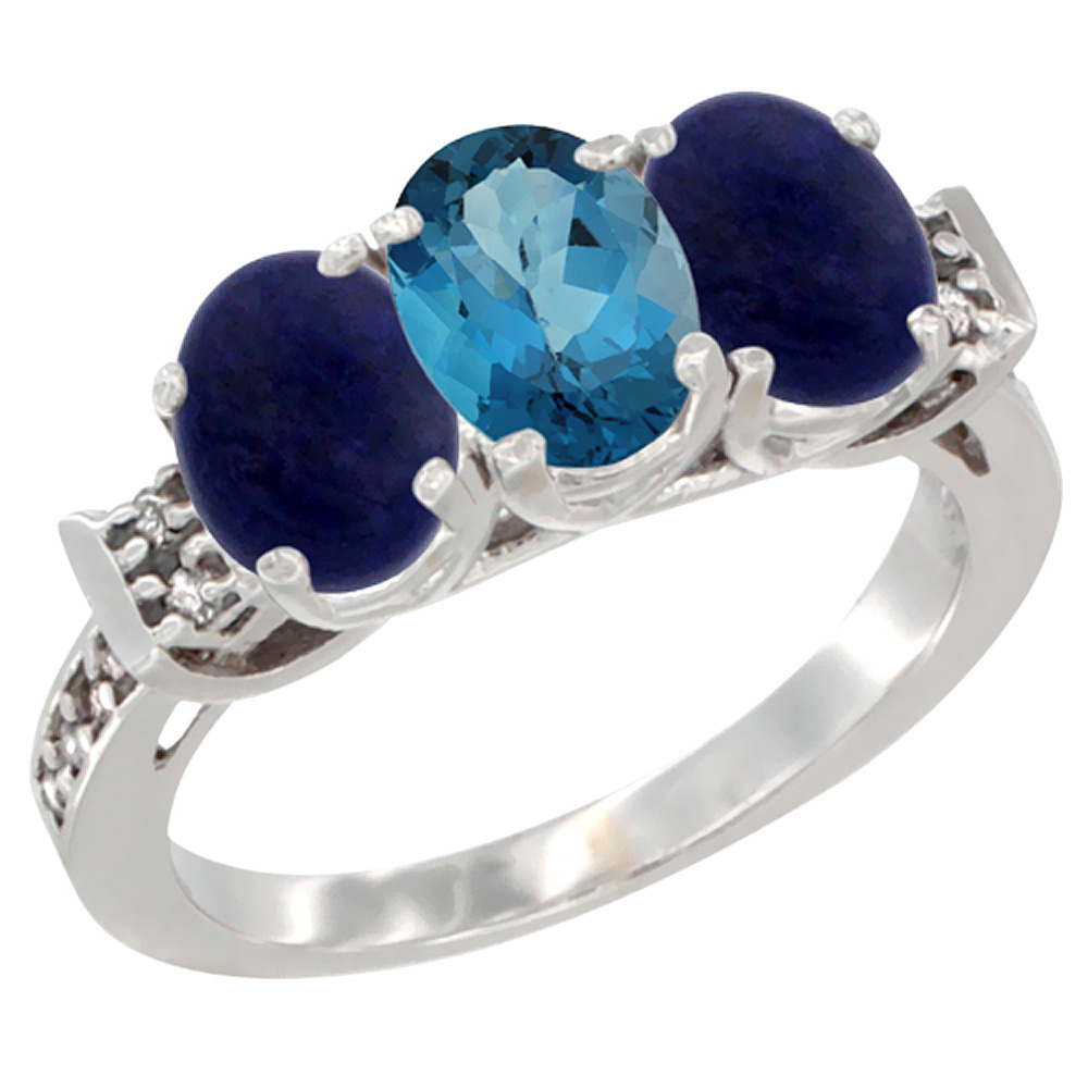 10K White Gold Natural London Blue Topaz & Lapis Sides Ring 3-Stone Oval 7x5 mm Diamond Accent, sizes 5 - 10