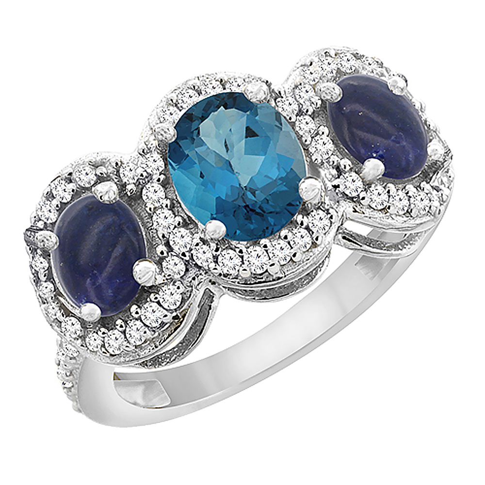 14K White Gold Natural London Blue Topaz & Lapis 3-Stone Ring Oval Diamond Accent, sizes 5 - 10