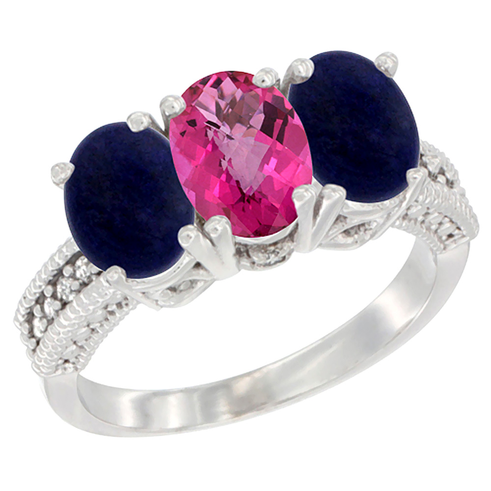 14K White Gold Natural Pink Topaz Ring with Lapis 3-Stone 7x5 mm Oval Diamond Accent, sizes 5 - 10