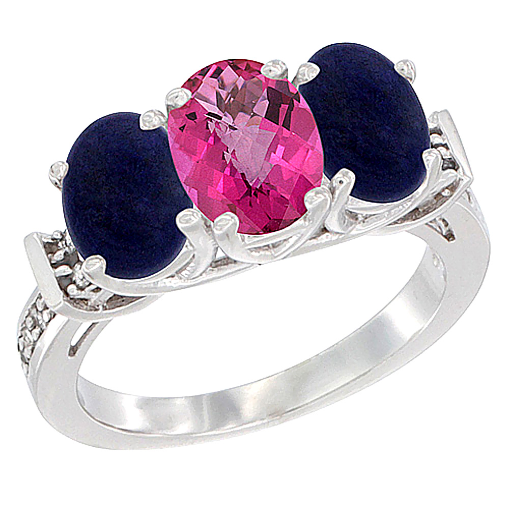 10K White Gold Natural Pink Topaz &amp; Lapis Sides Ring 3-Stone Oval Diamond Accent, sizes 5 - 10