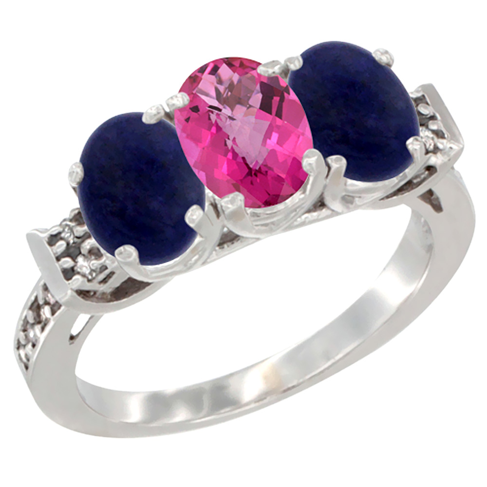 10K White Gold Natural Pink Topaz &amp; Lapis Sides Ring 3-Stone Oval 7x5 mm Diamond Accent, sizes 5 - 10