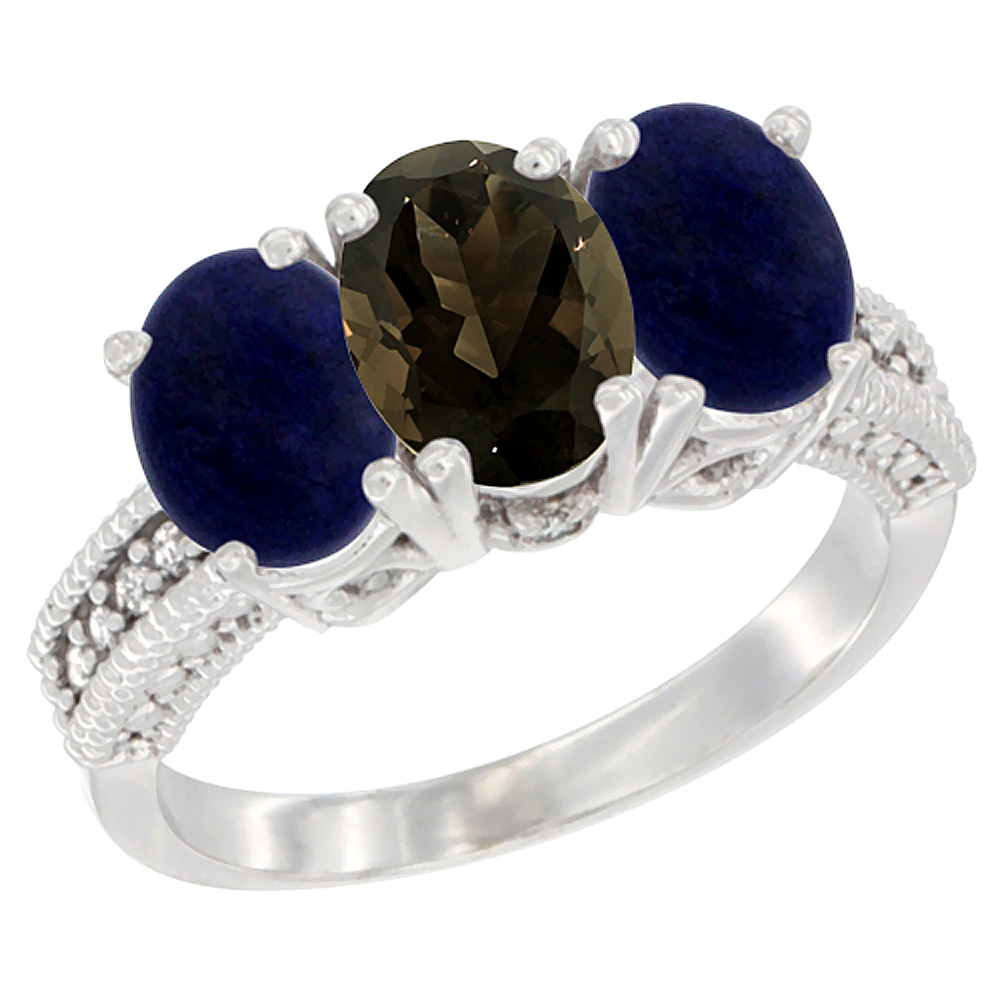 14K White Gold Natural Smoky Topaz Ring with Lapis 3-Stone 7x5 mm Oval Diamond Accent, sizes 5 - 10