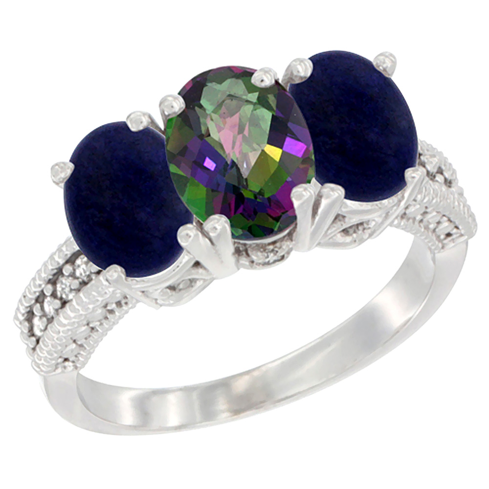 14K White Gold Natural Mystic Topaz Ring with Lapis 3-Stone 7x5 mm Oval Diamond Accent, sizes 5 - 10
