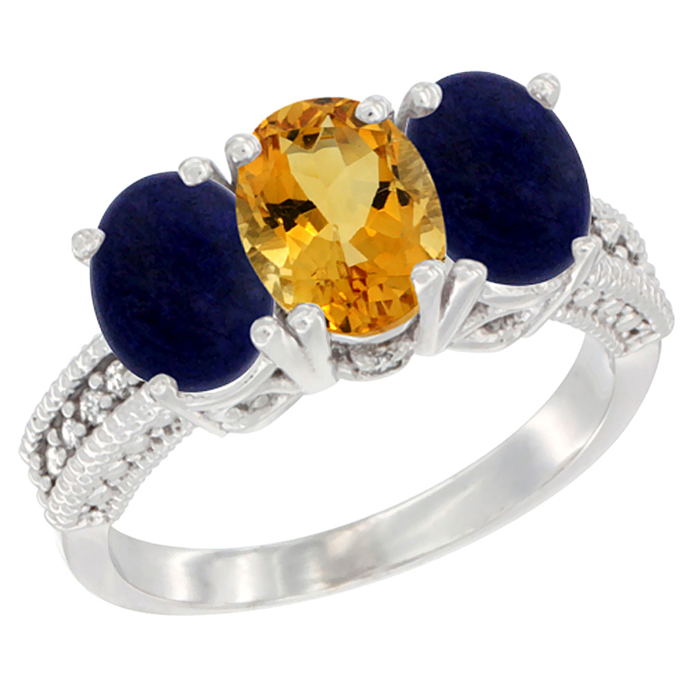 14K White Gold Natural Citrine Ring with Lapis 3-Stone 7x5 mm Oval Diamond Accent, sizes 5 - 10