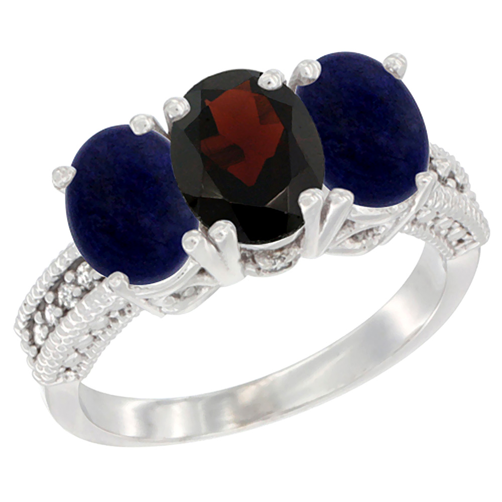 14K White Gold Natural Garnet Ring with Lapis 3-Stone 7x5 mm Oval Diamond Accent, sizes 5 - 10