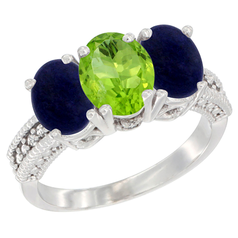 14K White Gold Natural Peridot Ring with Lapis 3-Stone 7x5 mm Oval Diamond Accent, sizes 5 - 10