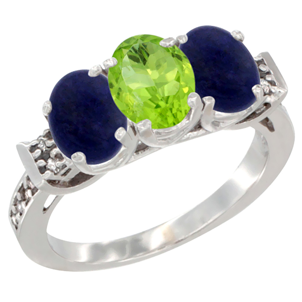 10K White Gold Natural Peridot &amp; Lapis Sides Ring 3-Stone Oval 7x5 mm Diamond Accent, sizes 5 - 10