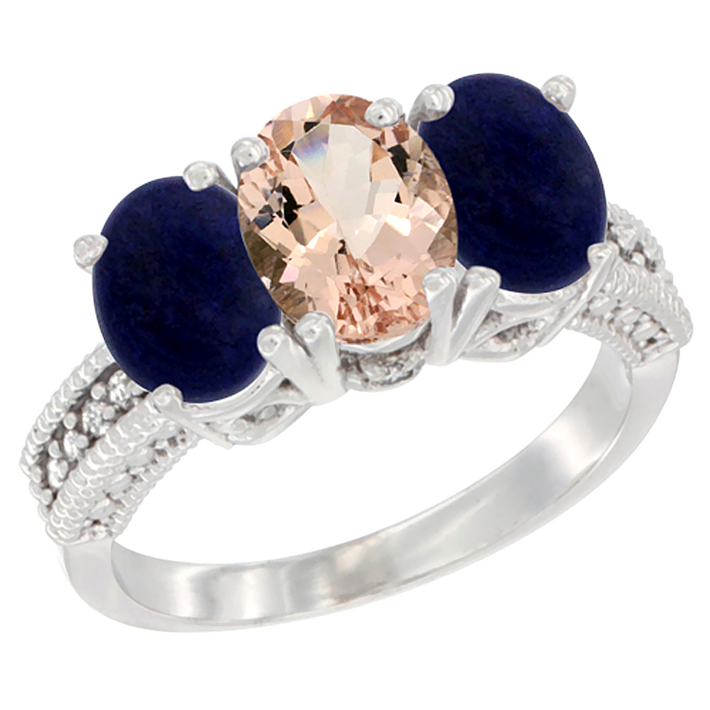 14K White Gold Natural Morganite Ring with Lapis 3-Stone 7x5 mm Oval Diamond Accent, sizes 5 - 10