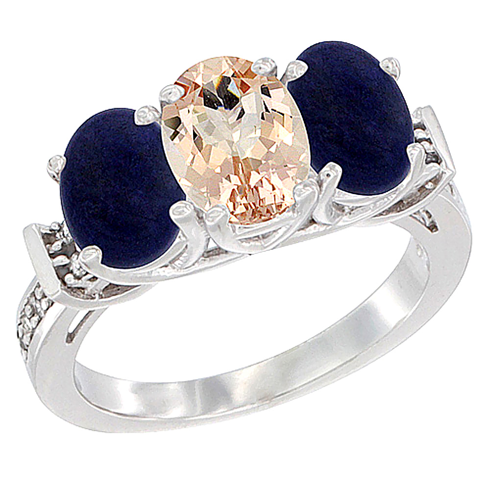 14K White Gold Natural Morganite & Lapis Sides Ring 3-Stone Oval Diamond Accent, sizes 5 - 10