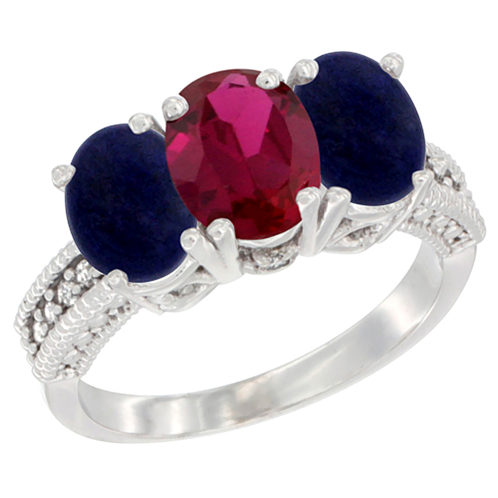 14K White Gold Enhanced Ruby Ring with Natural Lapis 3-Stone 7x5 mm Oval Diamond Accent, sizes 5 - 10