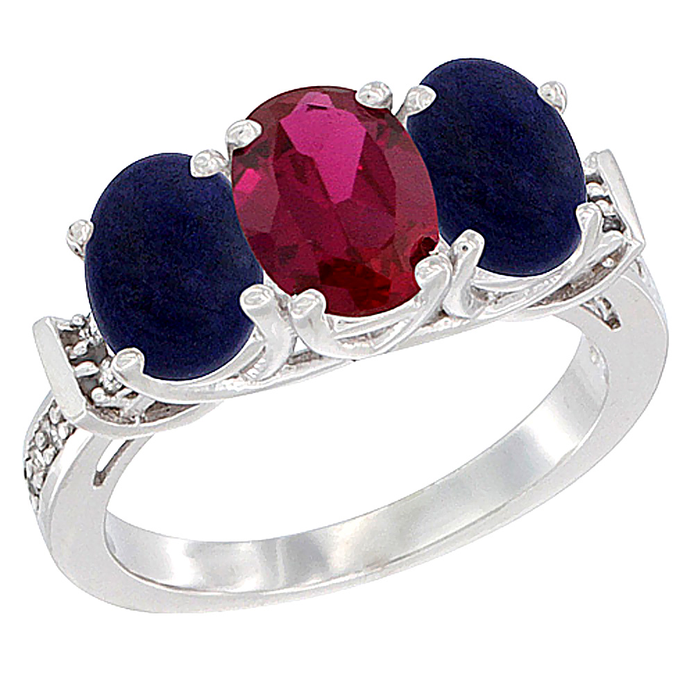 14K White Gold Natural High Quality Ruby &amp; Lapis Sides Ring 3-Stone Oval Diamond Accent, sizes 5 - 10