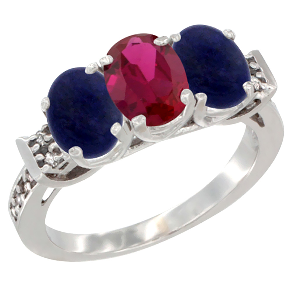 10K White Gold Enhanced Ruby & Natural Lapis Sides Ring 3-Stone Oval 7x5 mm Diamond Accent, sizes 5 - 10